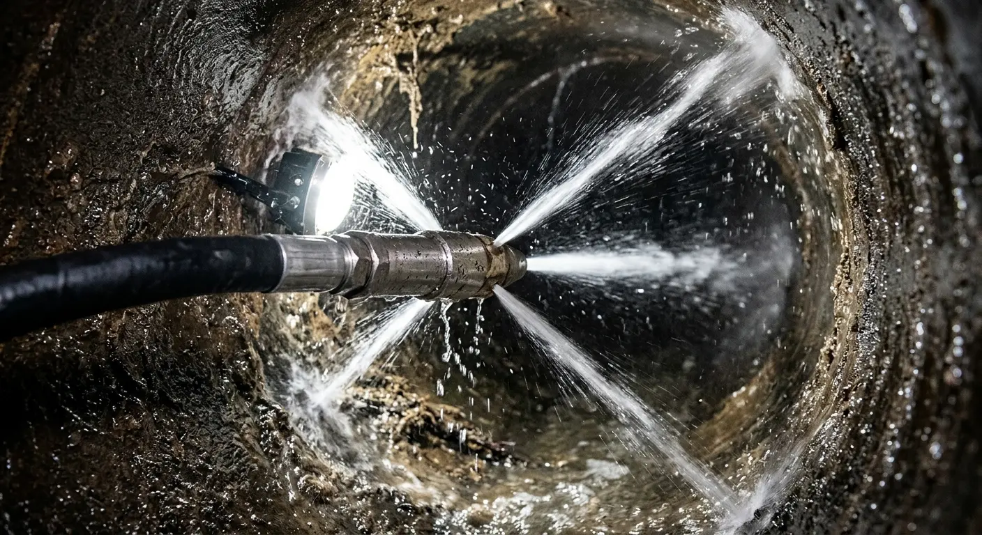 High-pressure hydro jetting nozzle cleaning sewer pipe for Emergency Drain Service in Yorktown