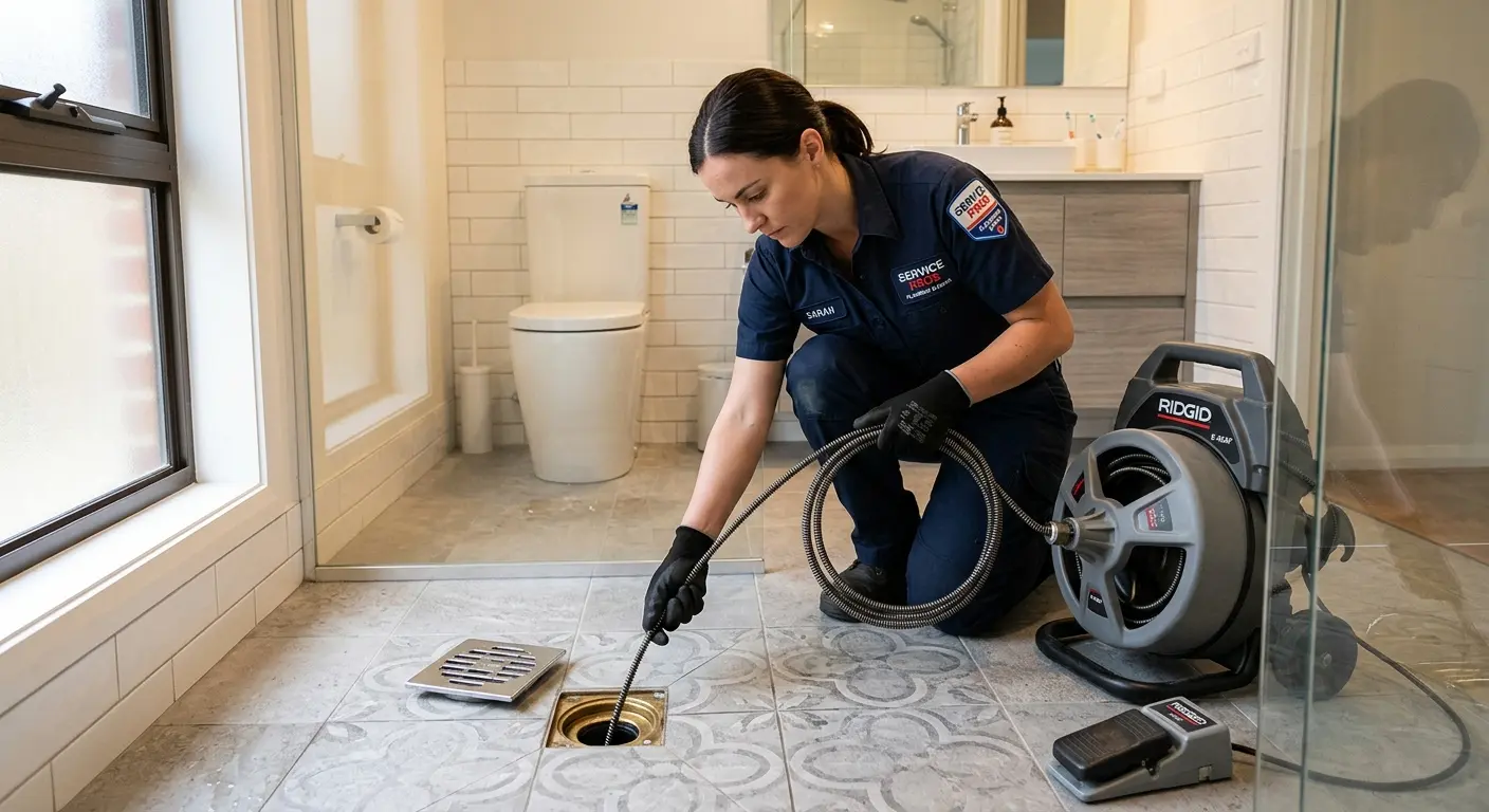 Technician clearing a bathroom floor drain for Clogged Drain Repair in Yorktown